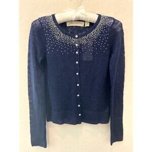 ANTHROPOLOGIE Jane Wheeler Navy Beaded Cardigan NWT Mohair Wool Blend Pearl | XS